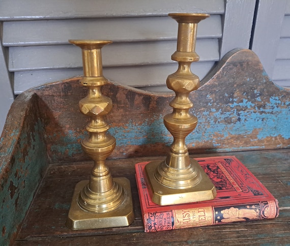 Antique Brass Push up Candlesticks, 19th Century, 8 1/4 Inches