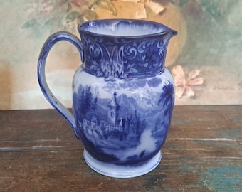 Antique Royal Doulton Flow Blue Pitcher, Burslem England, Geneva Pattern, Victorian China