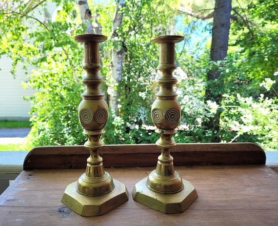 Antique 19th Century Brass Bullseye Candlesticks, Push Up, Candle Holders,  Queen Victoria Jubilee 