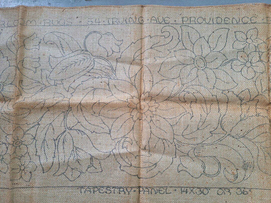 Vintage Stamped Burlap Pattern, Hooked Rug, Floral Tapestry, Rug