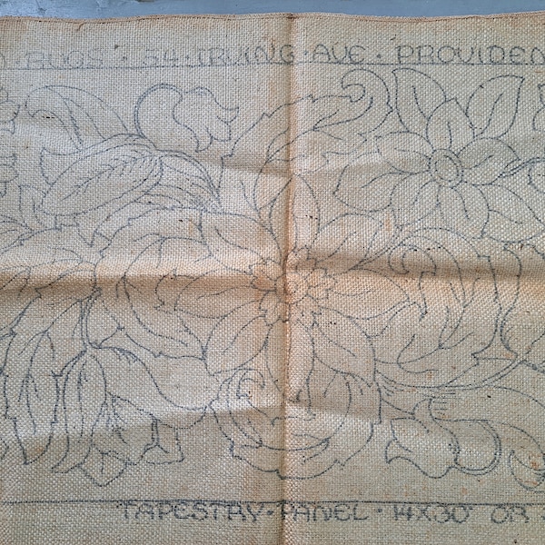 Vintage Stamped Burlap Pattern, Hooked Rug, Floral Tapestry, Rug Hooking, Heirloom Rugs, Providence RI