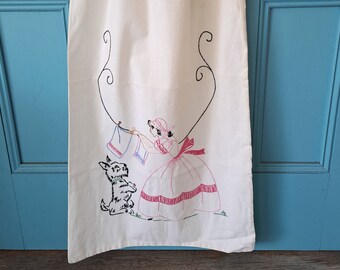 sac à linge Sunbonnet brodé vintage, chien Scottie, sac de rangement à cordon, sac de farine, décor d'affichage de salle de lavage