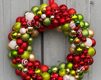 Large 22" Christmas Ornament Wreath-Red, Green, Gold, and White Grinch Themed