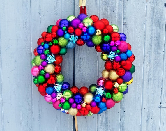 Christmas Ornament Wreath, Colorful Red, Green, Gold with Jingle Bells Holiday Decor (22 inch)