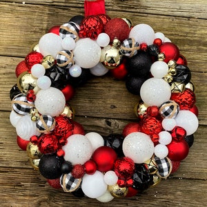 Buffalo Check Christmas Ornament Wreath: Red, Black, and Gold Bauble Wreath