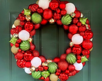 Christmas Ball Ornament Wreath: Large Wreath Red, Green, and Gold Jingle Bells