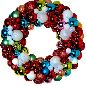 Red, Turquoise & White Christmas Ornament Wreath - Holiday Bauble Decor
