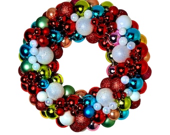 Christmas Ornament Wreath - Red, Turquoise & White Holiday Bauble Decor with Jingle Bells