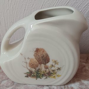 Può includere: Una brocca in ceramica color crema con corpo arrotondato, manico laterale e beccuccio. La parte anteriore della brocca è decorata con un'illustrazione botanica dettagliata di funghi spugnole marroni circondati da piccolo fogliame verde e giallo.