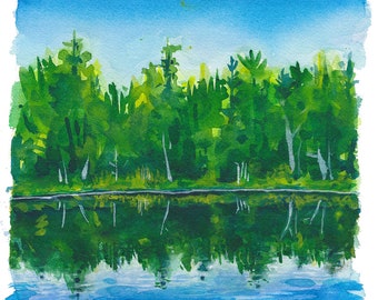 Riflessione su Simkins Pond / Acquerello originale Pittura Adirondack Mountain Lake Life Camp Cabin Decor