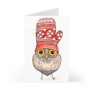 Hibou utilisant l’ensemble de carte de voeux de mitaine / carte mignonne d’art d’hiver de vacances d’animal de bébé
