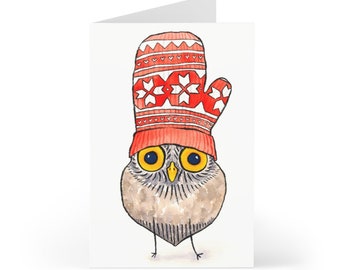 Owl Wearing Mitten Greeting Card Set / Cute Baby Animal Holiday Winter Children's Art Card