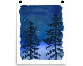 May include: Watercolor painting of two dark blue silhouette trees against a starry night sky. The sky is a gradient of blue, with a lighter blue at the bottom and a darker blue at the top. The stars are white and scattered across the sky.