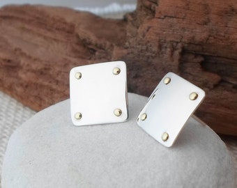 Small square sterling silver stud earrings, Casual silver handmade post earrings, Small sterling earrings with brass accents