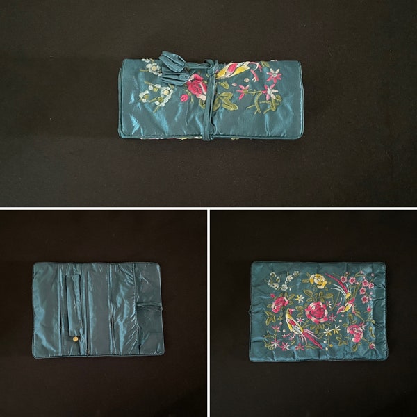 Gorgeous Green Blue Teal And Floral Flower Embroided Silk Jewellery Wrap Roll With Three Zipped Compartments And Pocket Gift