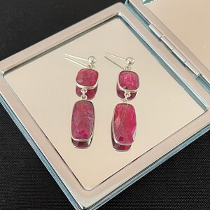 Vackra stora fasetterade örhängen med naturlig röd rubin och 925 sterlingsilver med rektangel, tvåsidiga örhängen, gåva