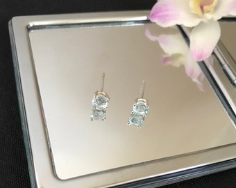 Beautiful Delicate Natural Faceted Blue Topaz And Four Claw Prong 925 Sterling Silver Round Circle Stud Earrings Gift