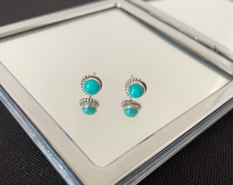 Gorgeous Delicate Natural Blue Turquoise And 925 Sterling Silver Round Stud Earrings Gift