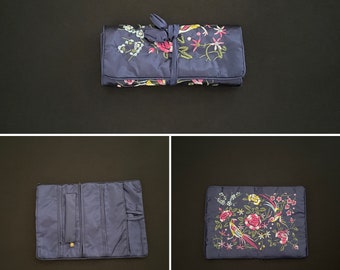 Gorgeous Navy Blue And Floral Flower Embroided Silk Jewellery Wrap Roll With Three Zipped Compartments And Pocket Gift