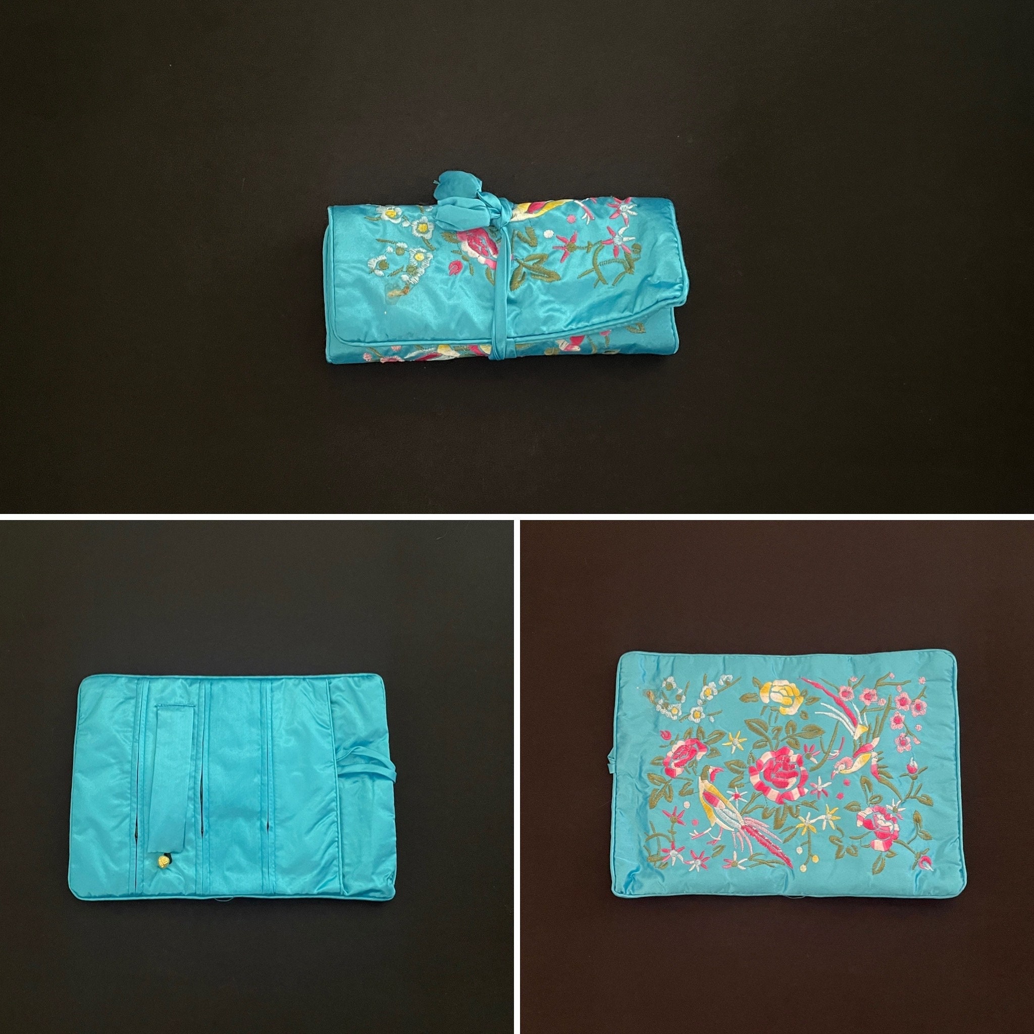 Gorgeous Electric Blue And Floral Flower Embroided Silk Jewellery Wrap Roll With Three Zipped Compartments And Pocket Gift