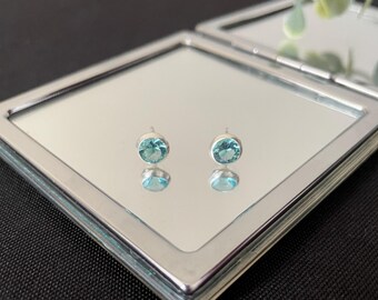 Gorgeous Natural Faceted Blue Topaz And 925 Sterling Silver Round Circle Shaped Stud Earrings Gift