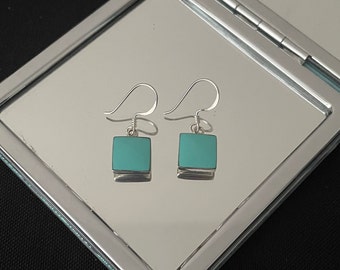 Gorgeous Natural Blue Turquoise And 925 Sterling Silver Square Drop Dangle Earrings Gift