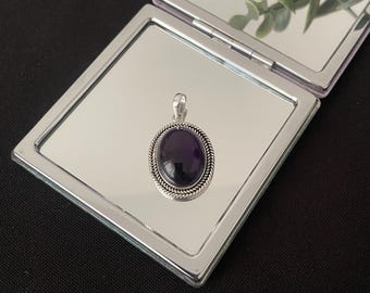 Beautiful Large Cabochon Natural Purple Amethyst And 925 Sterling Silver Oval Drop Pendant Necklace Gift