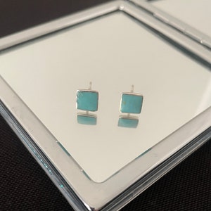 Beautiful Natural Blue Turquoise And 925 Sterling Silver Square Stud Earrings Gift