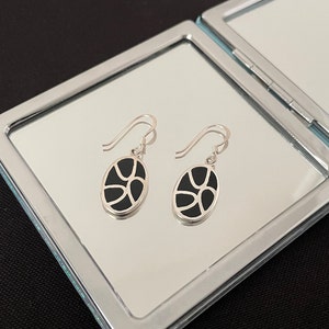 Beautiful Large Natural Black Onyx And 925 Sterling Silver Oval Mosaic Drop Dangle Earrings Gift
