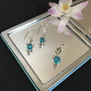 Gorgeous Natural Faceted Swiss Blue Topaz And 925 Sterling Silver Sets, Matching Pendant Necklace and Drop Dangle Earrings Gift