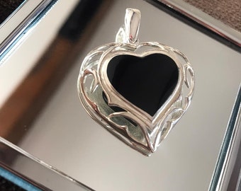 Superbe grand cabochon naturel en onyx noir et argent sterling 925, collier pendentif coeur d'amour en cadeau