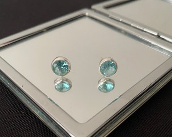 Beautiful Natural Faceted Blue Topaz And 925 Sterling Silver Round Circle Shaped Stud Earrings Gift