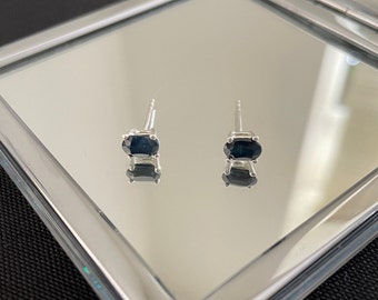 Stunning Large Faceted Natural Blue Sapphire And 925 Sterling Silver Oval Four Claw Prong Stud Earrings Gift