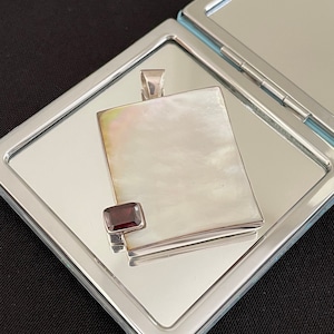 Gorgeous Large Faceted Natural Red Garnet, Mother Of Pearl And 925 Sterling Silver Rectangle Pendant Necklace Gift