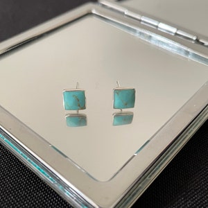 Beautiful Natural Blue Turquoise And 925 Sterling Silver Square Stud Earrings Gift