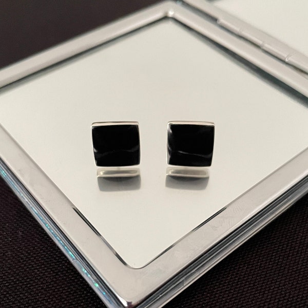 Beautiful Large Natural Black Onyx And 925 Sterling Silver Square Stud Earrings Gift
