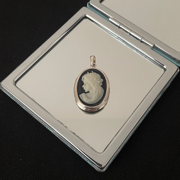 Schöne zarte große schwarze Cameo Stil Lady Silhouette und 925 Sterling Silber ovale Tropfen Anhänger Halskette Geschenk