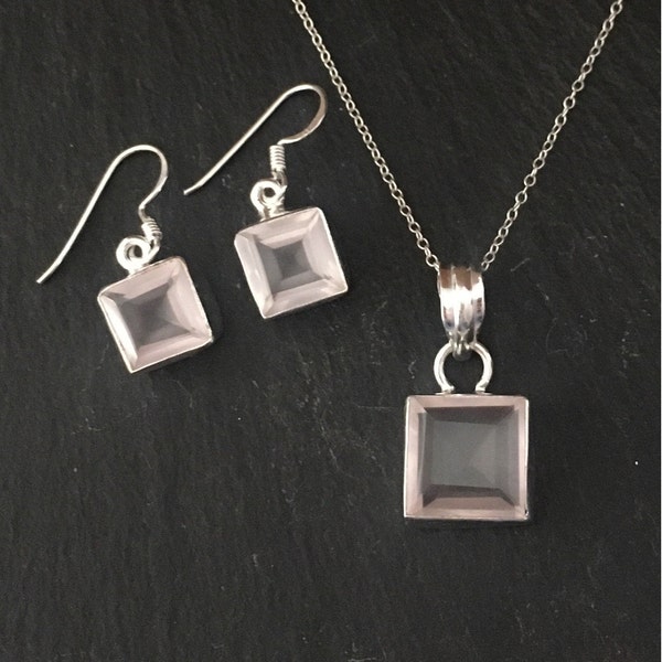 Beautiful Natural Faceted Pink Rose Quartz And 925 Sterling Silver Square Set, Matching Drop Dangle Earrings And Pendant