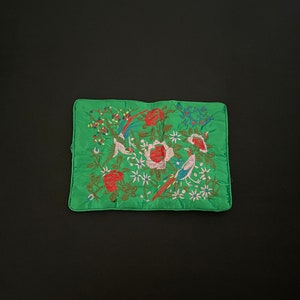Gorgeous Green And Floral Flower Embroided Silk Jewellery Wrap Roll With Three Zipped Compartments And Pocket Gift image 4