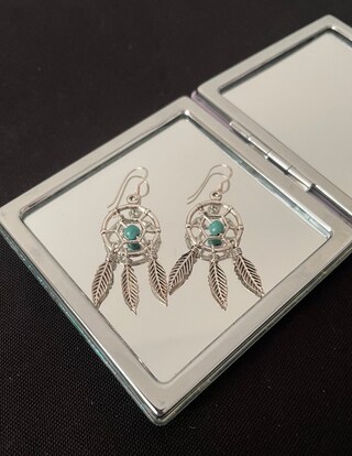 Orecchini Acchiappasogni Turchese In Argento Sterling 925 - Gioielli Artigianali Con Ciondolo Piuma