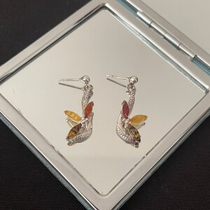 Gorgeous Natural Cabochon Three Stone Amber And 925 Sterling Silver Drop Dangle Stud Earrings