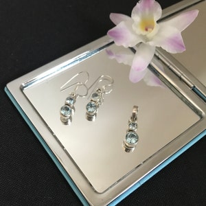 Gorgeous Natural Faceted Round Blue Topaz And 925 Sterling Silver Set, Matching Pendant Necklace And Drop Dangle Earrings