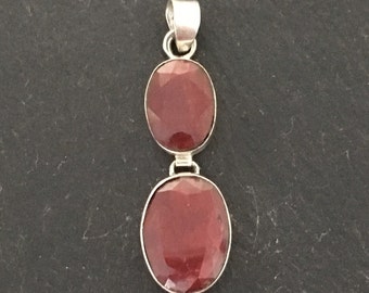 Stunning Two Stone Faceted Natural Red Ruby And 925 Sterling Silver Drop Pendants