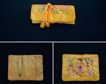 Gorgeous Yellow And Floral Flower Embroided Silk Jewellery Wrap Roll With Three Zipped Compartments And Pocket Gift