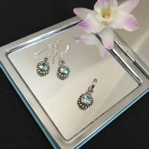 Gorgeous Natural Faceted Round Blue Topaz And 925 Sterling Silver Set, Matching Pendant Necklace And Drop Dangle Earrings
