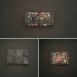 Gorgeous Black And Floral Flower Embroided Silk Jewellery Wrap Roll With Three Zipped Compartments And Pocket Gift