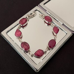 Stunning Very Large Natural Faceted Red Ruby And 925 Sterling Silver Mixed Shaped Link Bangle Bracelet Gift With Lobster Claw Clasp
