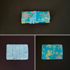 Gorgeous Electric Blue And Floral Flower Embroided Silk Jewellery Wrap With Three Zipped Compartments And Pocket Gift