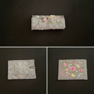 Gorgeous Silver Grey And Floral Flower Embroided Silk Jewellery Wrap Roll With Three Zipped Compartments And Pocket Gift