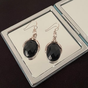 Gorgeous Large Oval Faceted Natural Black Onyx And 925 Sterling Silver Flower Design Drop Dangle Earrings Gift